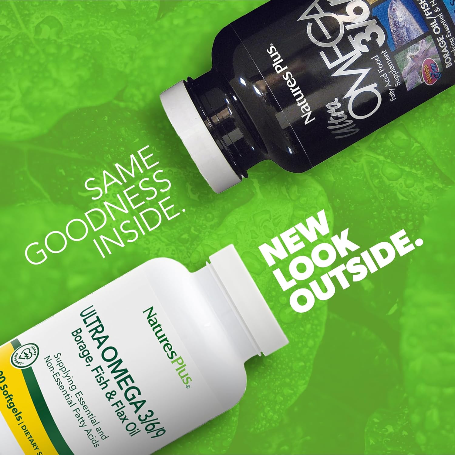 Gluten-Free Natures Plus Ultra Omega 3 6 9 Softgels - 1200mg, 90 Servings - Borage, Fish, Flax Oil Supplement