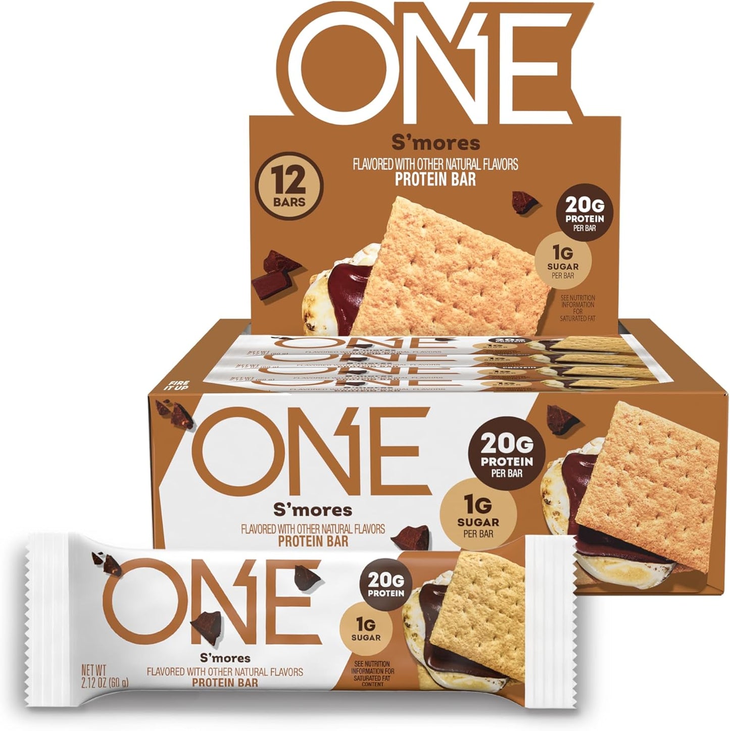 Gluten-Free Smores ONE Protein Bars with 20g Protein and 1g Sugar, 2.12 oz (12 Count)