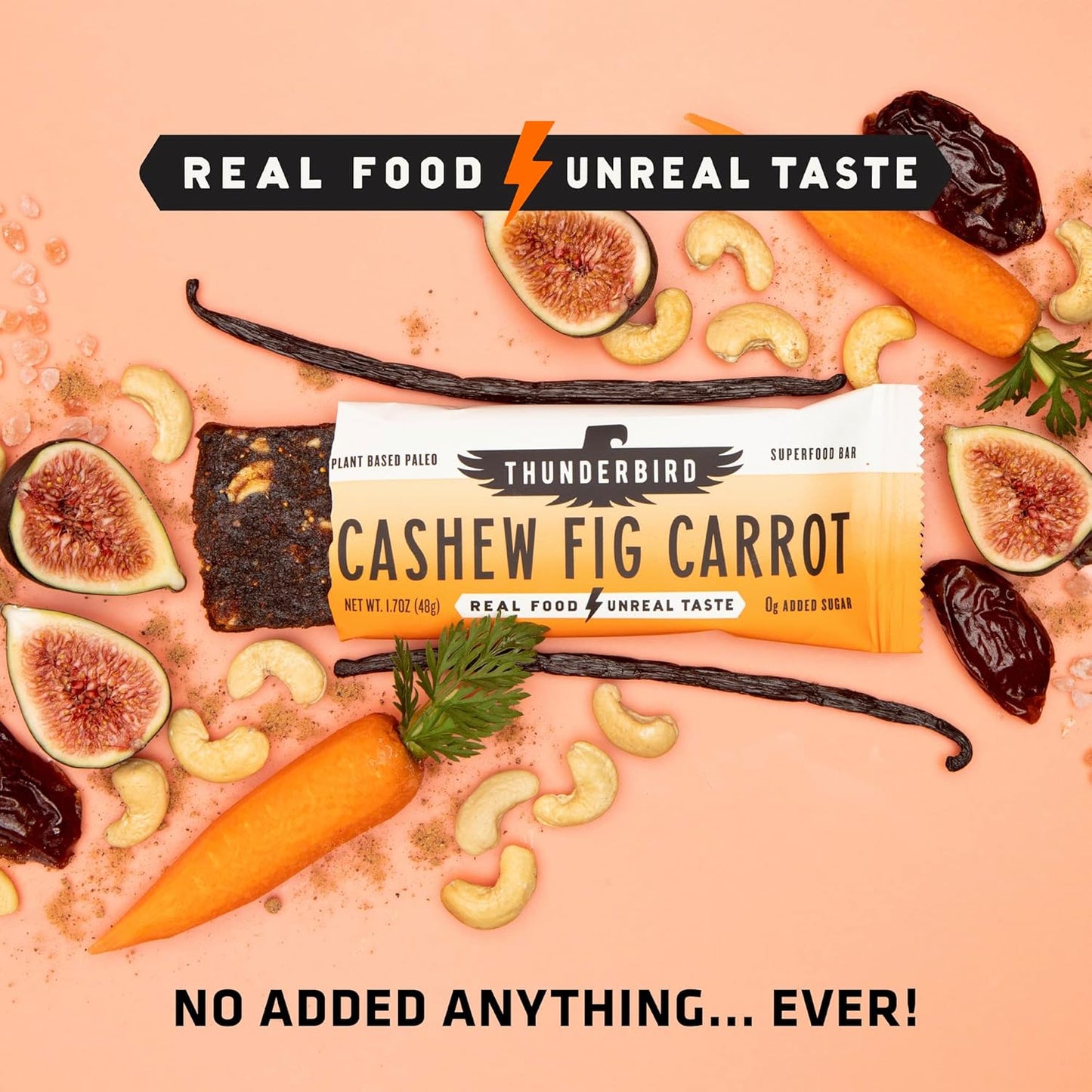 Gluten-Free Thunderbird Energetica Energy Bars with Protein, Vegan Paleo Snack, Real Food, Non-GMO, No Added Sugar - Cashew Fig Carrot Flavor (12 Count, 1.7 oz. Bars)