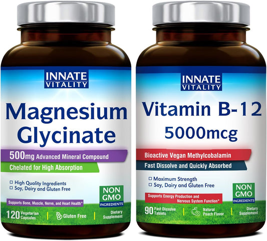 Gluten-Free Vegan Magnesium Glycinate & Vitamin B12 Bundle - 120 Caps & 90 Fast Dissolve Tabs - Value Pack & Save!