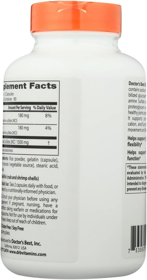 Gluten & Soy Free Doctor's Best Glucosamine for Joint Support, 750 mg, 180 Count - Non-GMO Formula