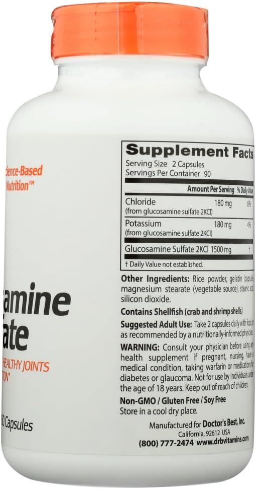 Gluten & Soy Free Doctor's Best Glucosamine for Joint Support, 750 mg, 180 Count - Non-GMO Formula