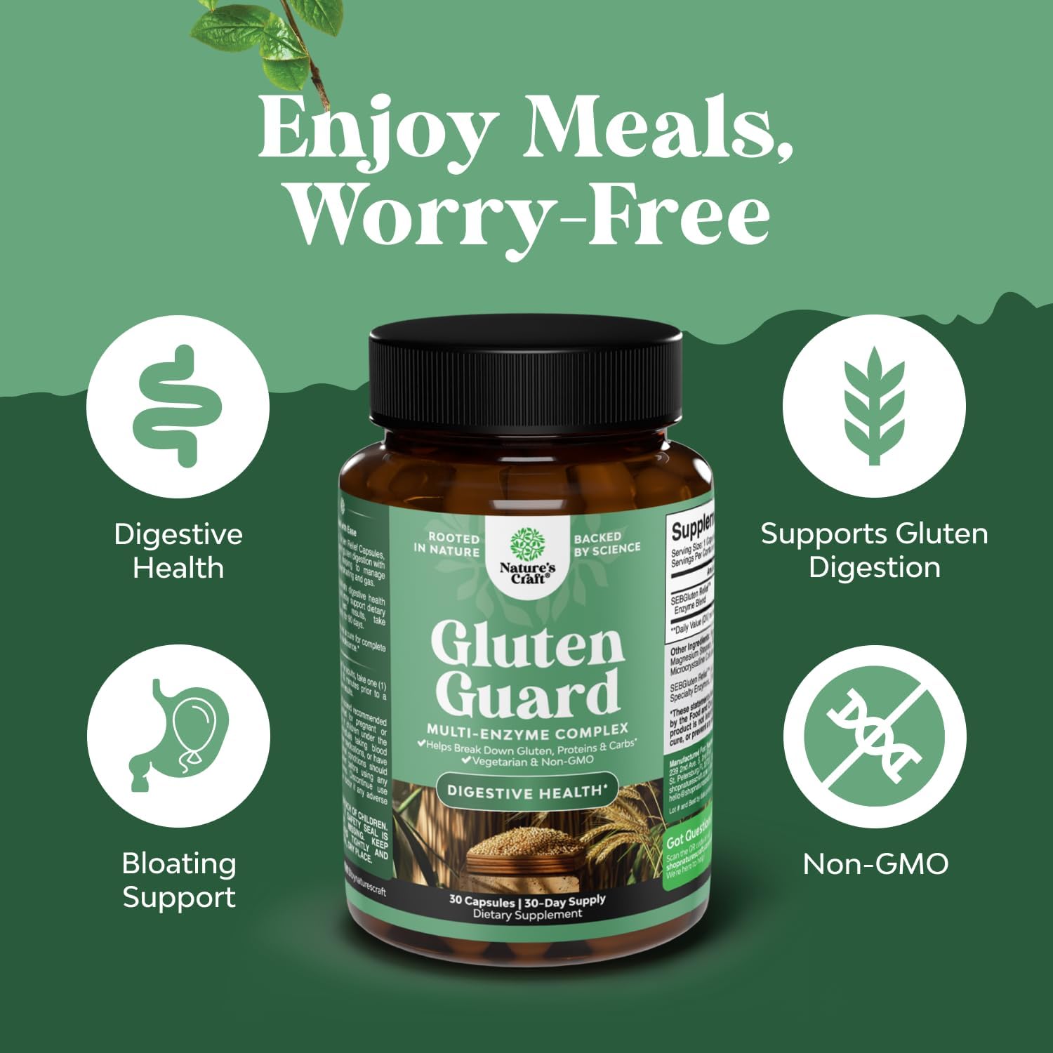 GlutenGuard Enzyme Complex for Fast-Acting Gluten Intolerance Relief - Digestive Enzymes for Complete Support - 30 Servings