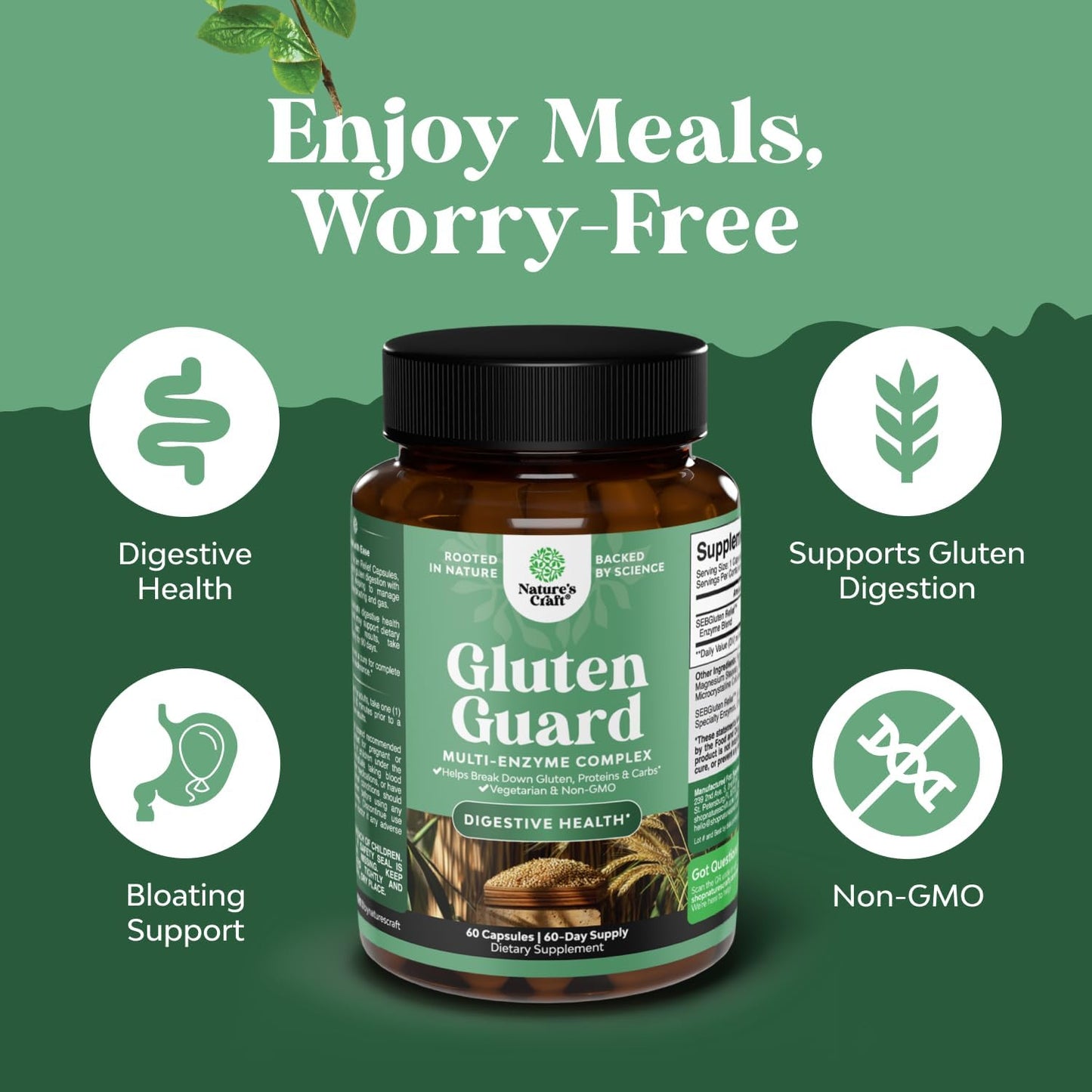 GlutenGuard Enzyme Complex for Gluten Intolerance - Fast-Acting Digestive Support with DPP IV Blend, Lipase, Amylase & Bromelain - 60 Servings