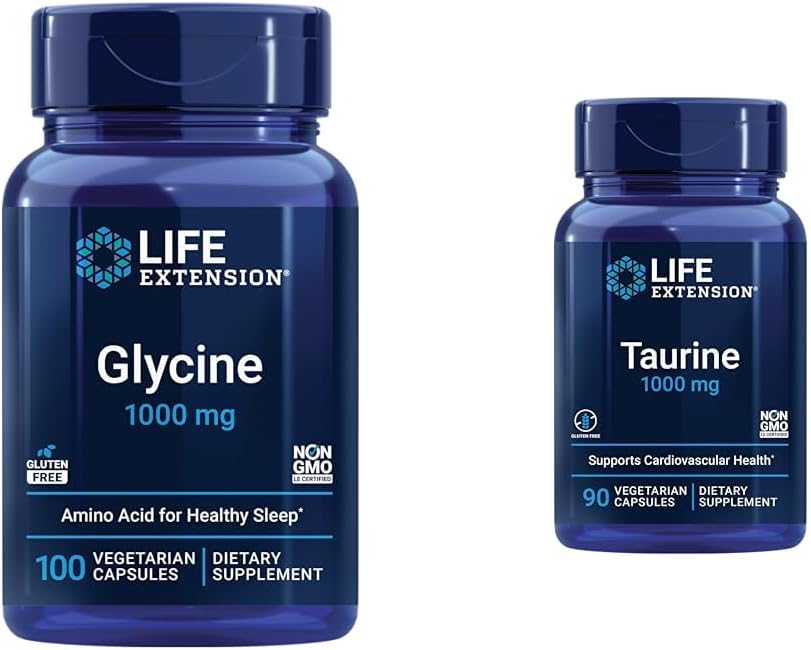 Glycine 1000 mg for Relaxation & Healthy Sleep + Pure Taurine Amino Acid for Heart, Liver, and Brain Health