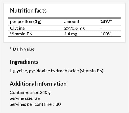 Glycine Powder Supplement with Vitamin B6 - 240g - 80 Servings - Vegan Amino Acid for Evening Calm - MZ