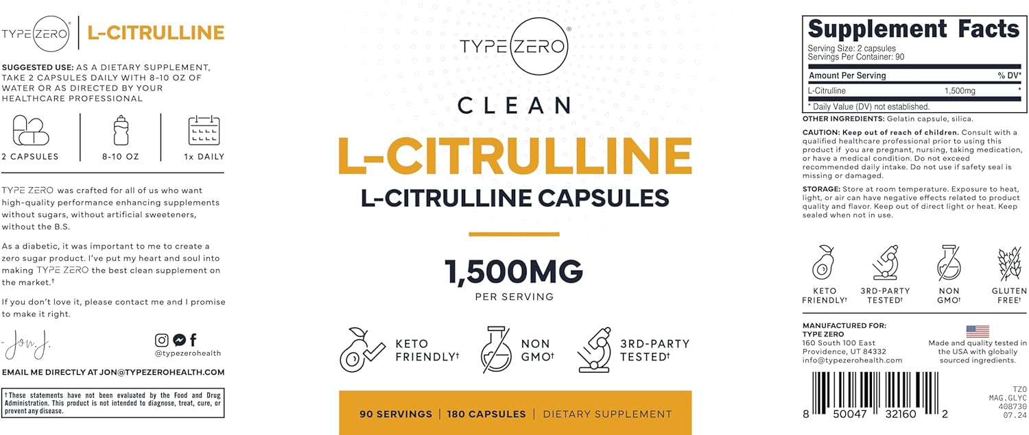 GMO-Free Type Zero L-Citrulline Capsules - 180 Capsules (1500 mg) - BoostGo Australia