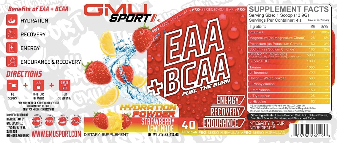 GMU SPORT - BCAA & EAA Hydration Powder - Full Amino Acid Profile for Energy & Recovery - 40 Servings, Electrolyte Drink (Strawberry Lemonade)