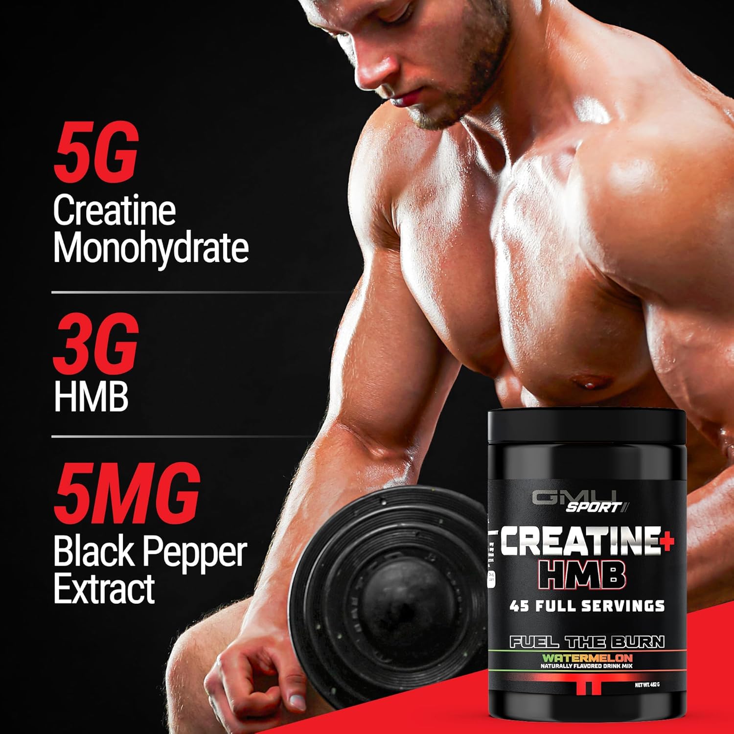 GMU SPORT Creatine Monohydrate and HMB Powder Blend for Strength, Muscle Growth, and Energy - 5G Creatine, 3G HMB - Watermelon Flavor