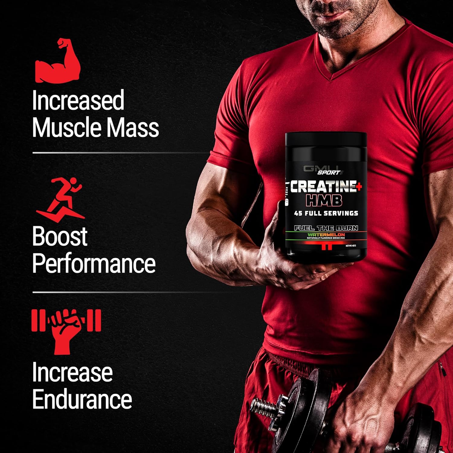 GMU SPORT Creatine Monohydrate and HMB Powder Blend for Strength, Muscle Growth, and Energy - 5G Creatine, 3G HMB - Watermelon Flavor