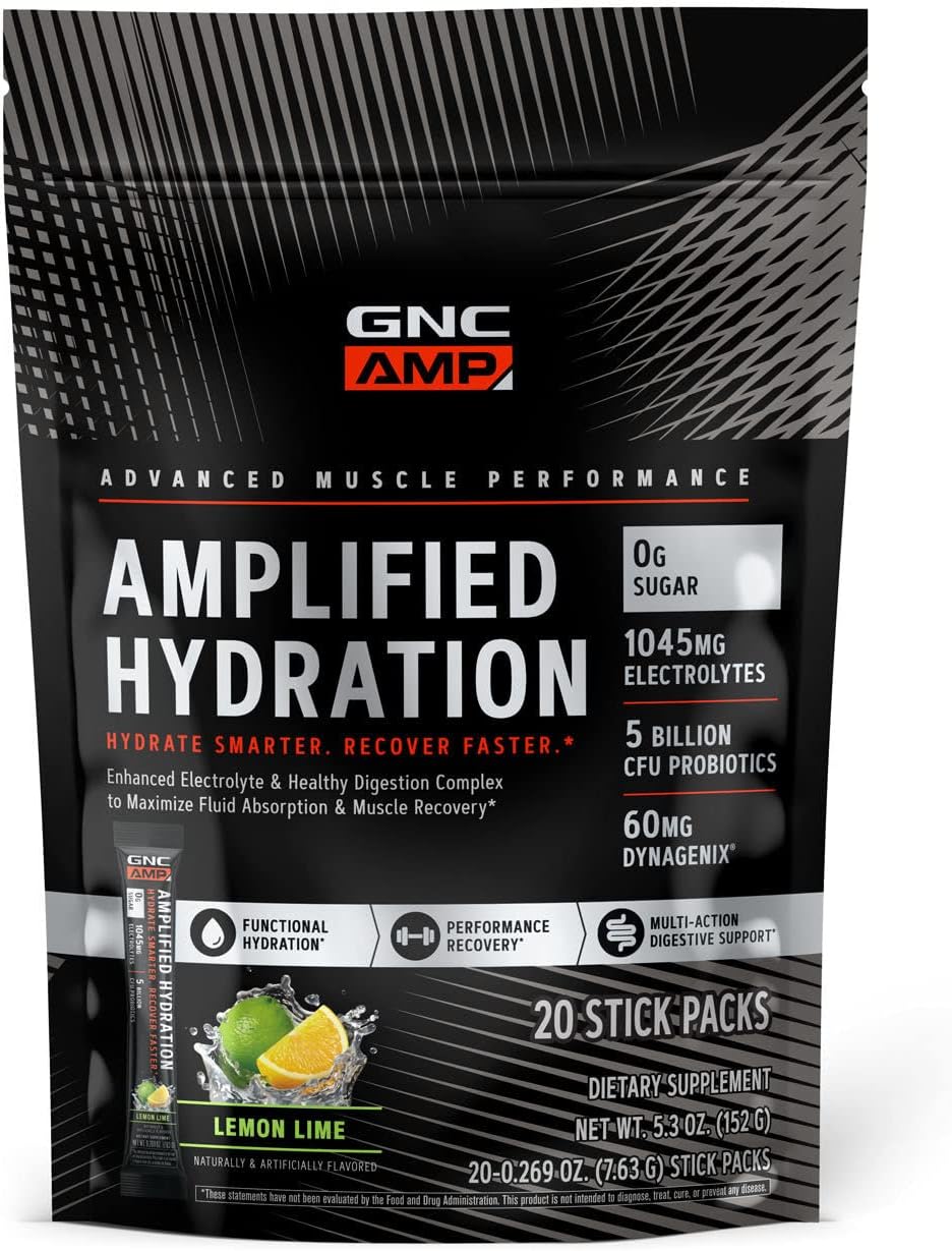 GNC AMP Amplified Hydration Lemon Lime Drink Mix - 20 Count with Electrolytes and Digestion Support