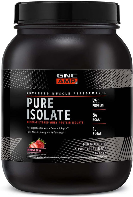 GNC AMP Pure Isolate Protein Powder - Strawberry Flavor | 25g Whey Protein Isolate, 5g BCAA | Enhances Strength, Performance, Muscle Growth | 28 Servings