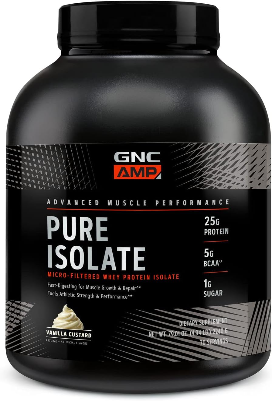 GNC AMP Pure Isolate Protein Powder - Vanilla Custard Flavor | 25g Whey Protein Isolate, 5g BCAA | Boosts Strength, Performance, Muscle Growth | 70 Servings