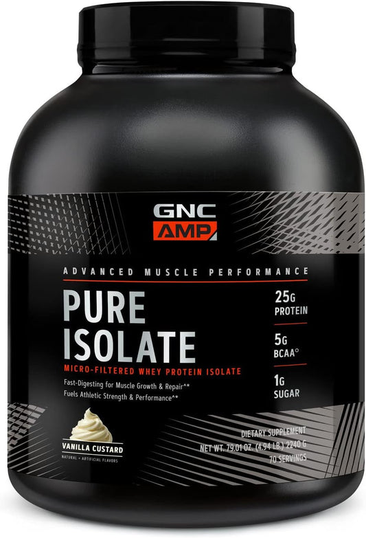 GNC AMP Pure Isolate Protein Powder - Vanilla Custard Flavor | 25g Whey Protein Isolate, 5g BCAA | Boosts Strength, Performance, Muscle Growth | 70 Servings