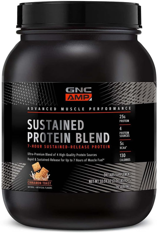 GNC AMP Sustained Protein Blend - Cinnamon Toast Flavor - 28 Servings - Gluten Free - Muscle Building Formula with 4 Protein Sources