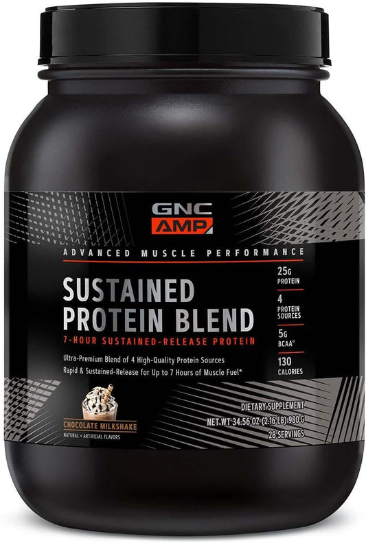 GNC AMP Sustained Protein Blend Chocolate Milkshake - 28 Servings, Gluten Free, 4 Protein Sources for Muscle Building & Exercise