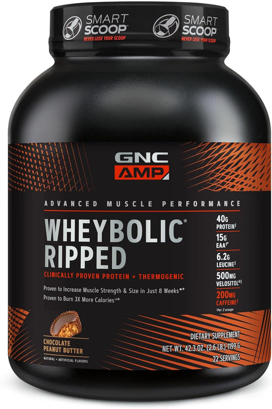 GNC AMP Wheybolic Ripped Whey Protein Powder Isolate with BCAA - Chocolate Peanut Butter Flavor, Gluten Free - 22 Servings for Muscle Building and Workout Support