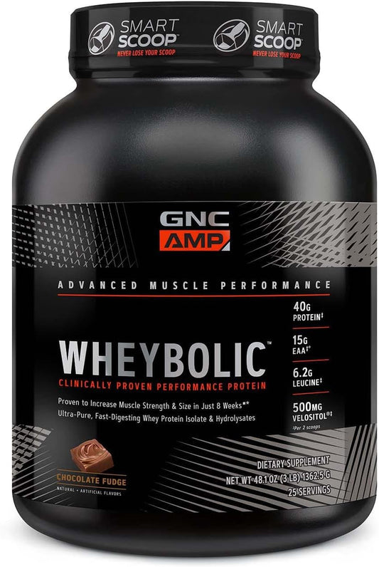 GNC AMP Wheybolic Whey Protein Isolate Powder for Muscle Building | BCAA Workout Support | Gluten Free Chocolate Fudge | 25 Servings