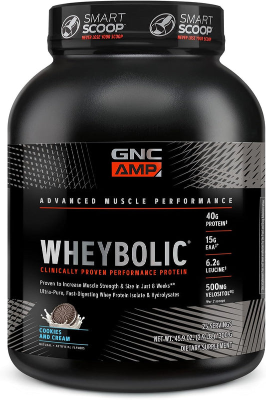 GNC AMP Wheybolic Whey Protein Isolate Powder with BCAA for Muscle Building | Gluten Free Cookies and Cream | 25 Servings