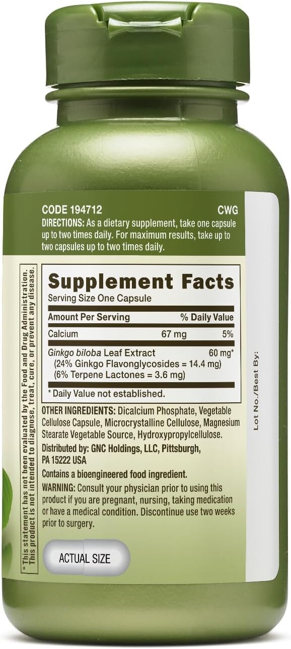 GNC Herbal Plus Ginkgo Biloba Capsules - 60mg, 100 Count, Promotes Mental Clarity