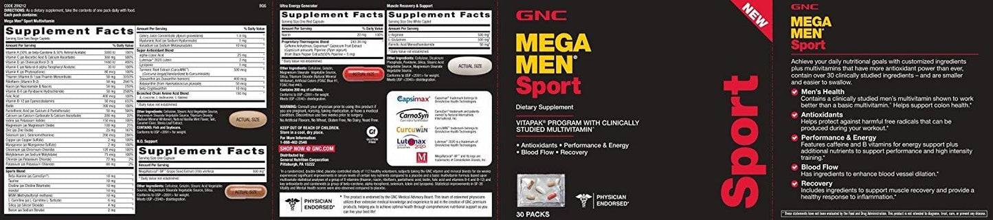 GNC Mega Men Sport Capsules - 30 Count Bottle for Enhanced Performance and Nutrition