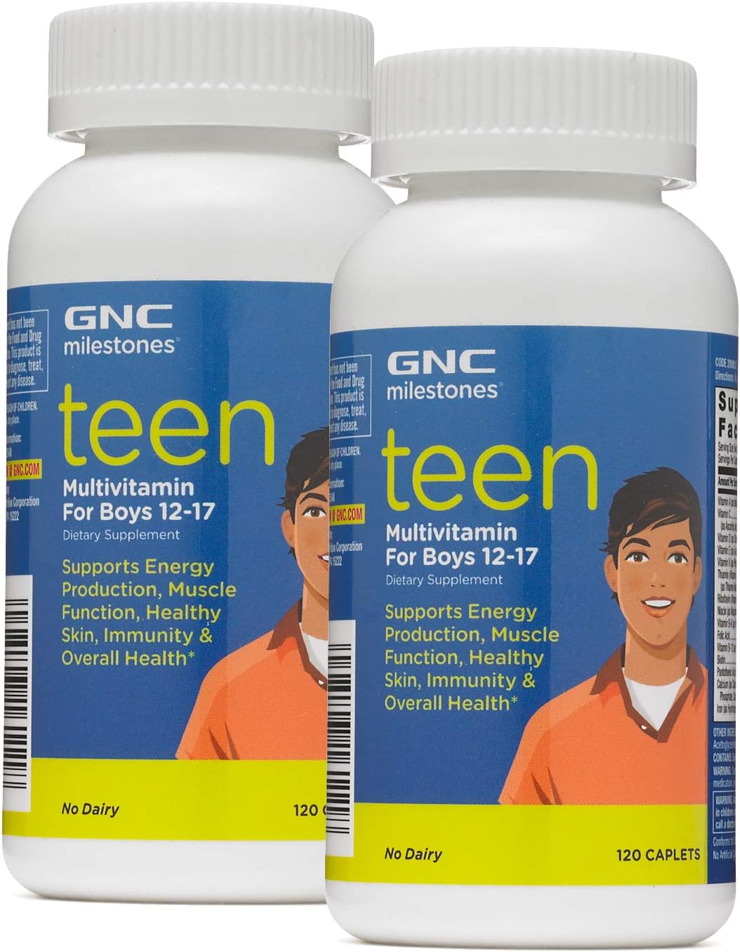 GNC Milestones Teen Multivitamin for Boys 12-17, Twin Pack with 240 Caplets, Supports Energy and Muscle Function
