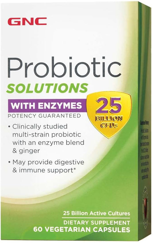 GNC Probiotic Solutions with Enzymes - 25 Billion CFUs, Multi-Strain Digestive & Immune Support - 60 Capsules