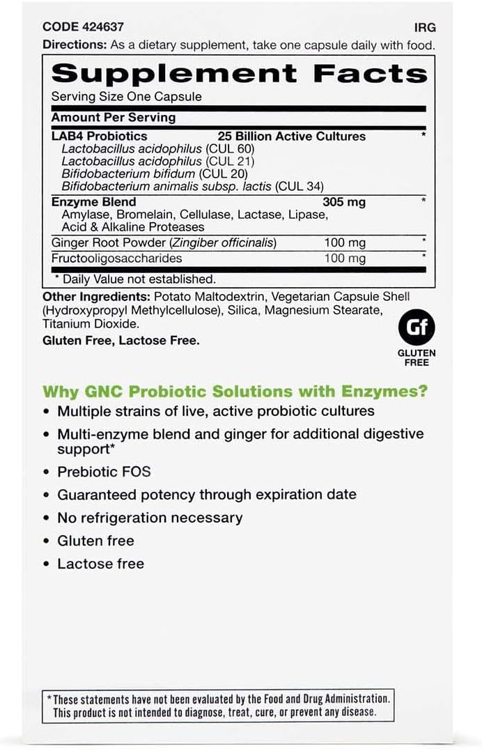 GNC Probiotic Solutions with Enzymes - 25 Billion CFUs, Multi-Strain Digestive & Immune Support - 60 Capsules