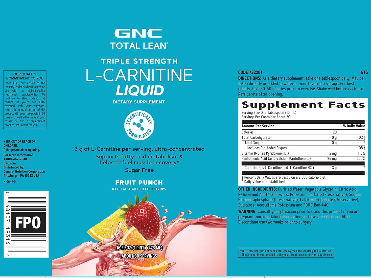 GNC Total Lean Triple Strength L-Carnitine Liquid Fruit Punch 16 fl. oz - Supports Fatty Acid Metabolism, Muscle Recovery - Sugar-Free
