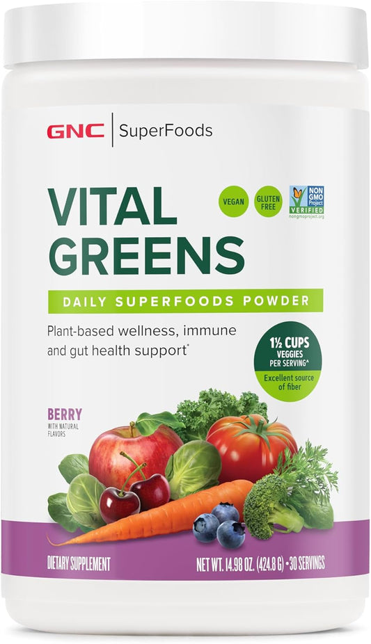 GNC Vital Greens Powder: Probiotics & Fiber for Gut Health | Berry Flavor | Gluten Free, Vegan Formula | 30 Servings