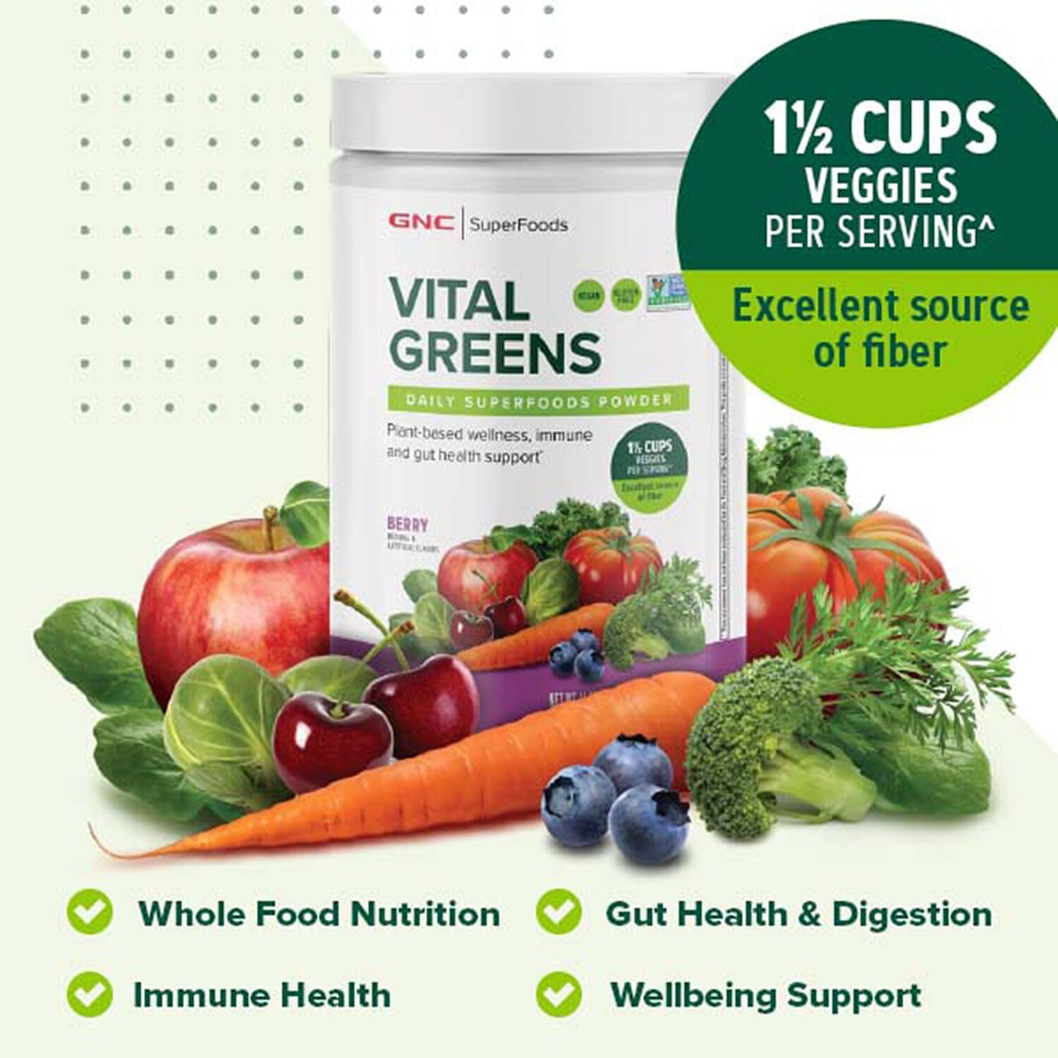 GNC Vital Greens Powder: Probiotics & Fiber for Gut Health | Berry Flavor | Gluten Free, Vegan Formula | 30 Servings
