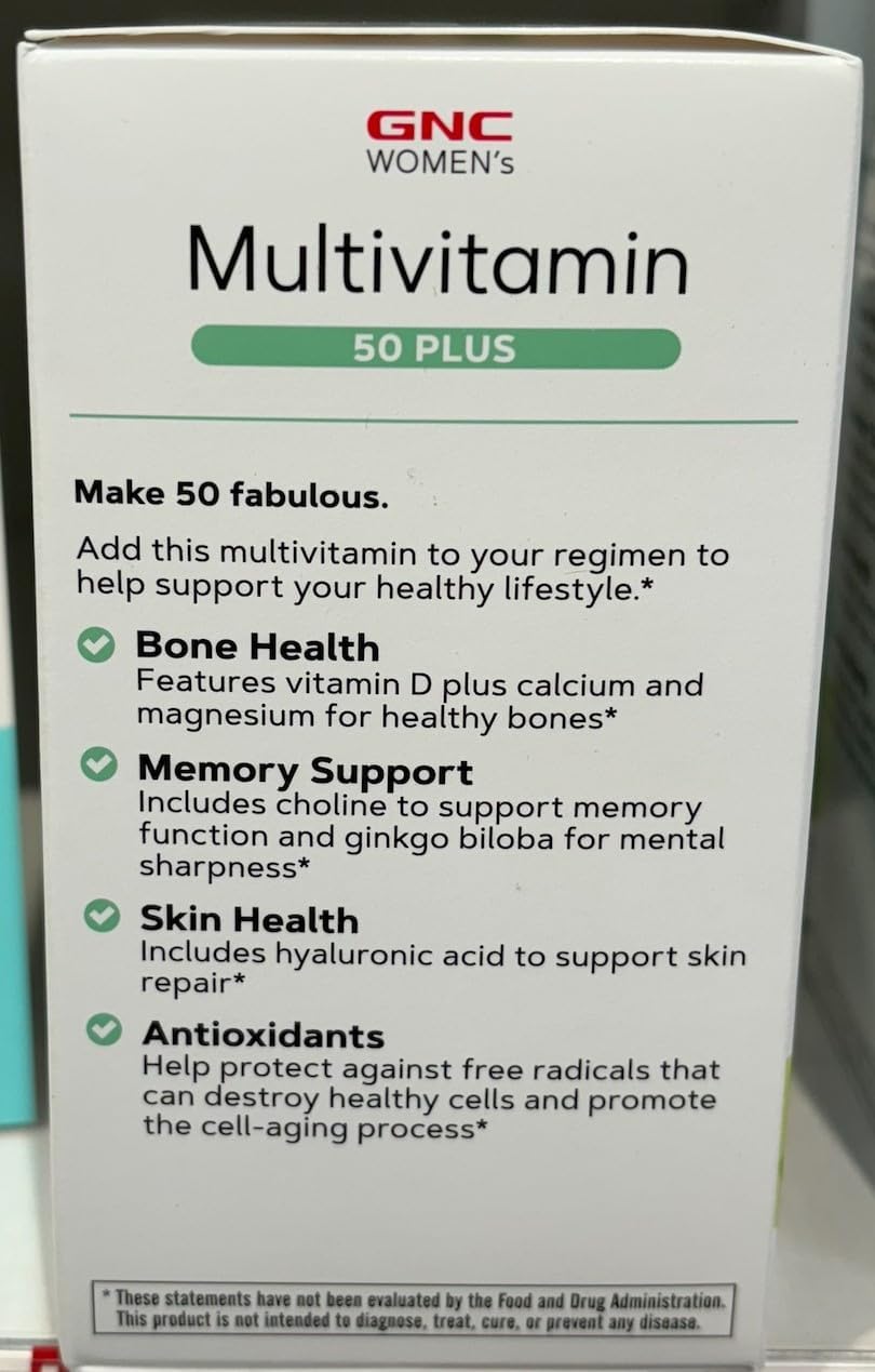 GNC Women's Multivitamin 50 Plus for Bone, Eye, Memory, Brain, and Skin Health - Vitamin D, Calcium, B12 - Boosts Energy - 60 Caplets