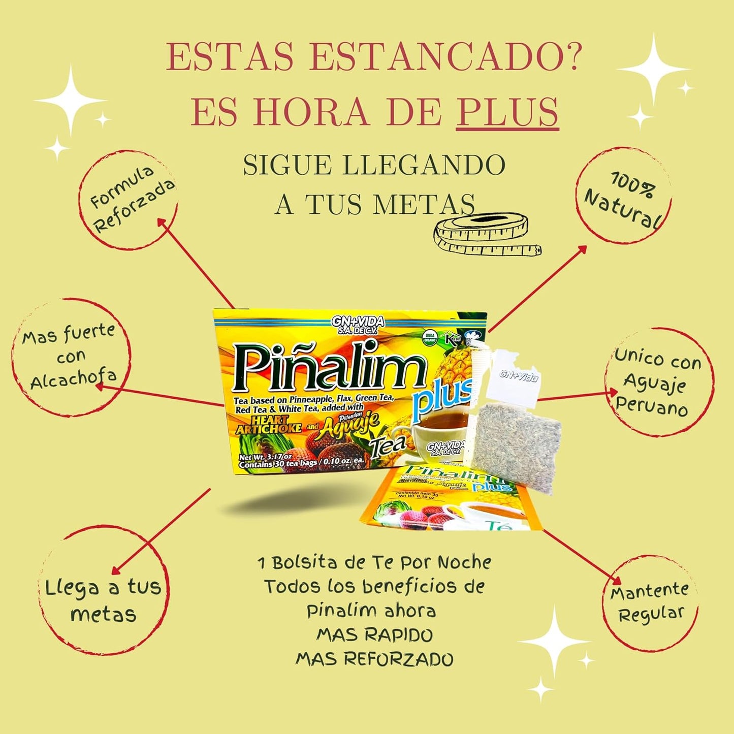 GN+Vida Pinalim Plus Tea with Aguaje Peruano and Artichoke Heart - Original Healthy Cleansing Formula | 30 Count