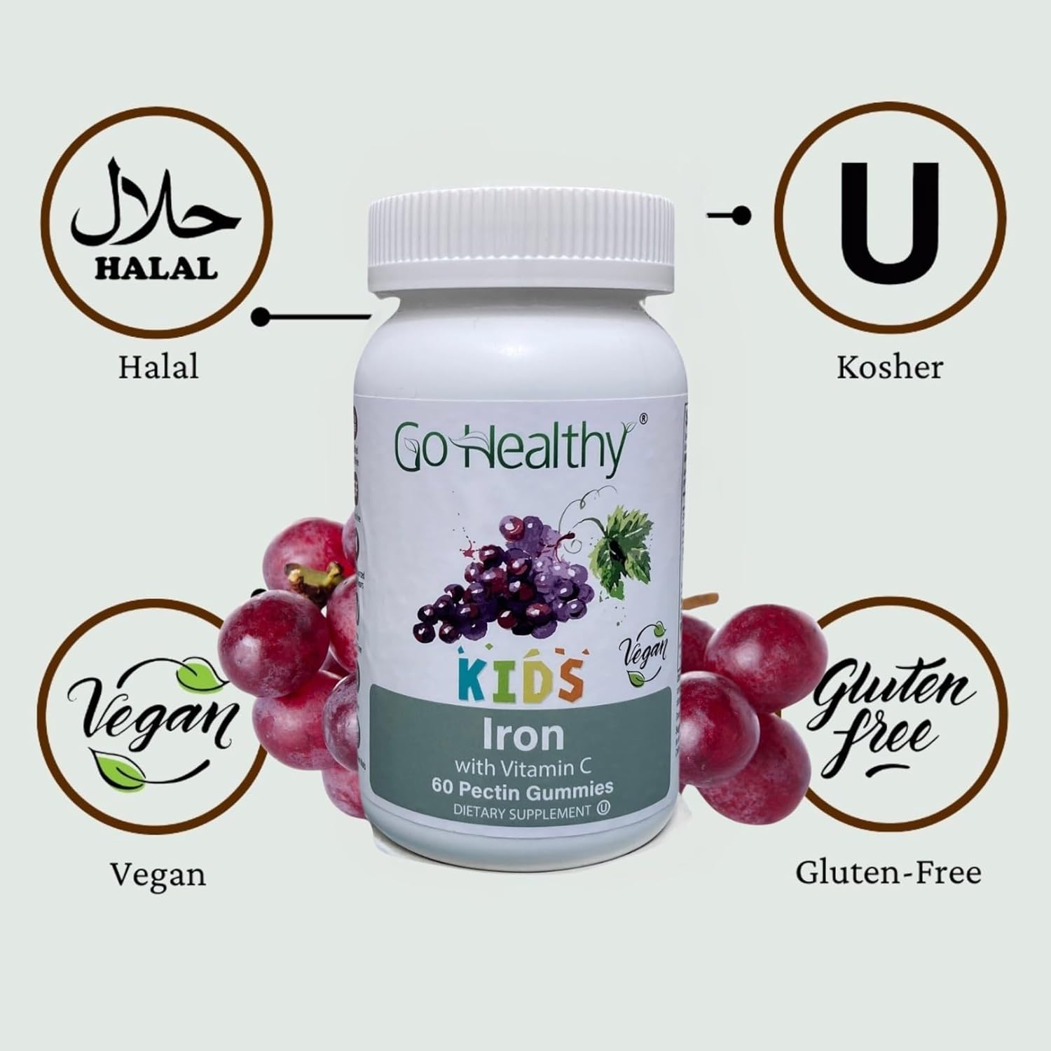 Go Healthy Natural Iron Gummies for Kids with Vitamin C - Children's Energy & Immune Support - Grape Flavor, Vegan & Gluten Free