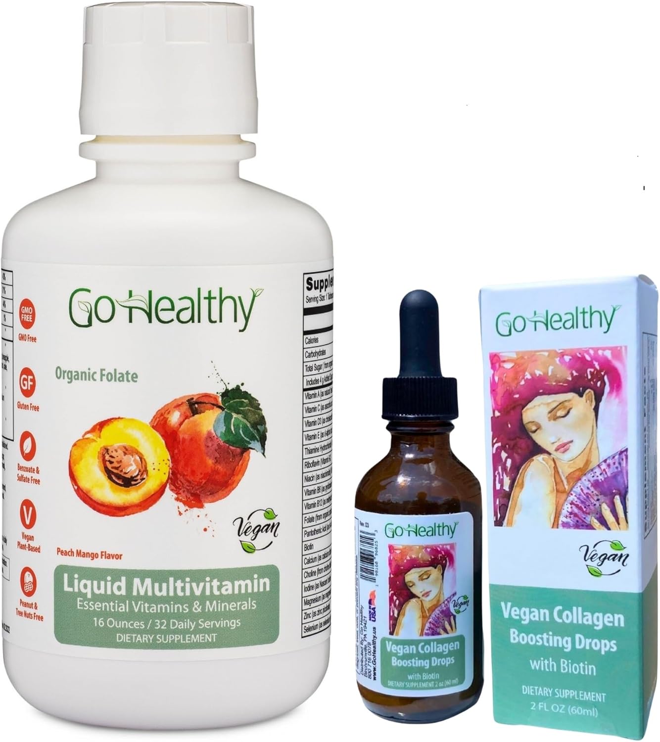 Go Healthy Natural Vegan Liquid Multivitamin and Collagen Biotin Bundle - Boost Your Health Naturally!