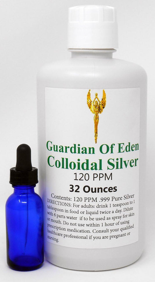 GOE Guardian Of Eden 120ppm Concentrated Pure Colloidal Silver (1 Quart) - Lab Tested & Certified with Free Dropper Bottle