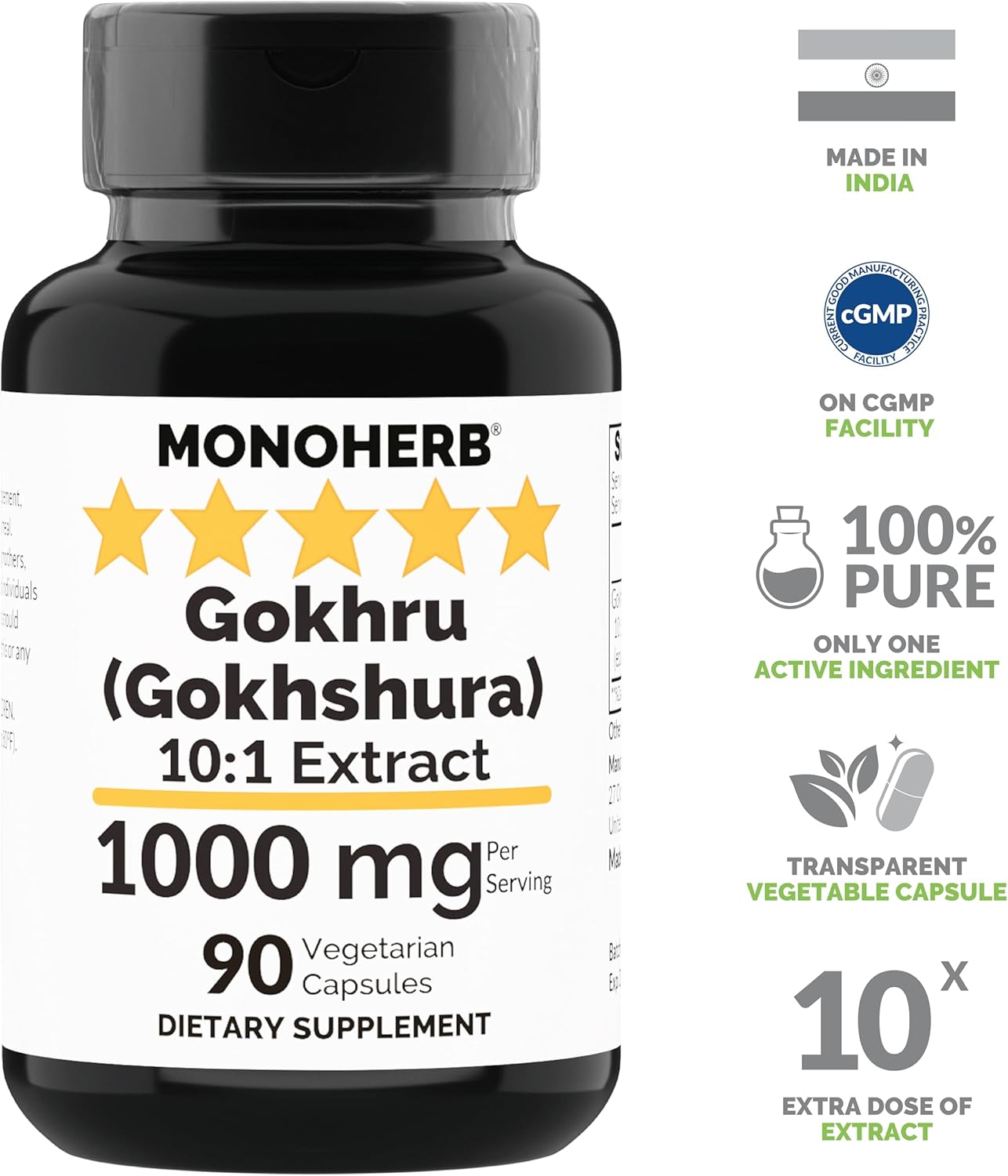 Gokhru Extract Capsules 1000mg - 90 Count - Vegetarian Gokhshura Supplement