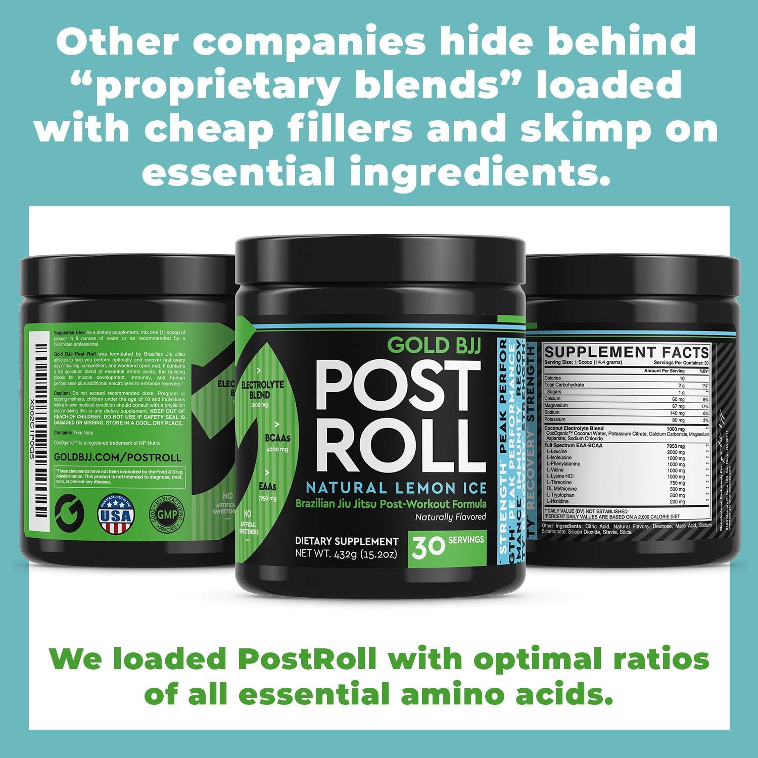 Gold BJJ PostRoll - Jiu Jitsu Recovery Powder with Essential Amino Acids for Post-Workout (Lemon Ice, 30 Servings) - BoostGo Australia