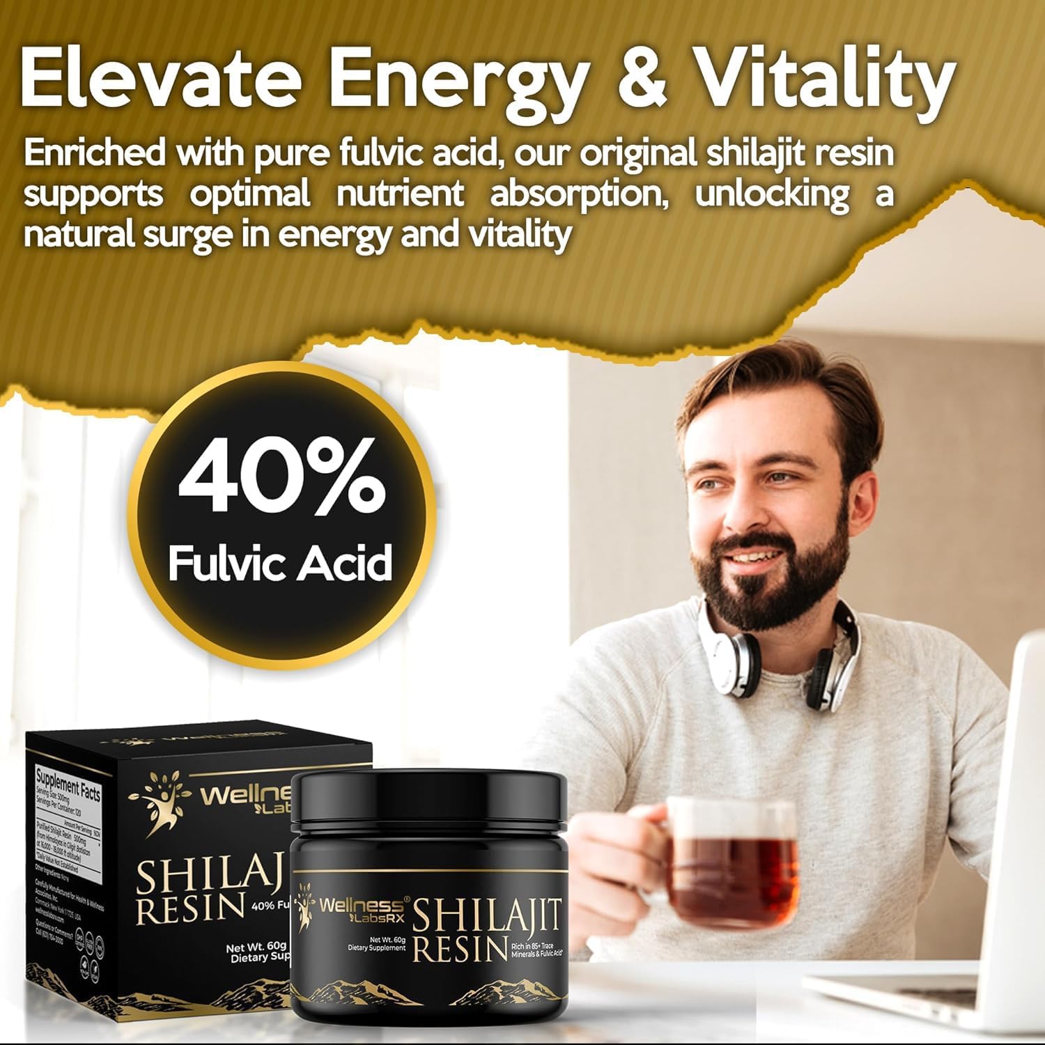 Gold Grade Pure Himalayan Shilajit Resin with Fulvic Acid and Trace Minerals for Men - 60g from Gilgit with 85+ Minerals for Immune Support