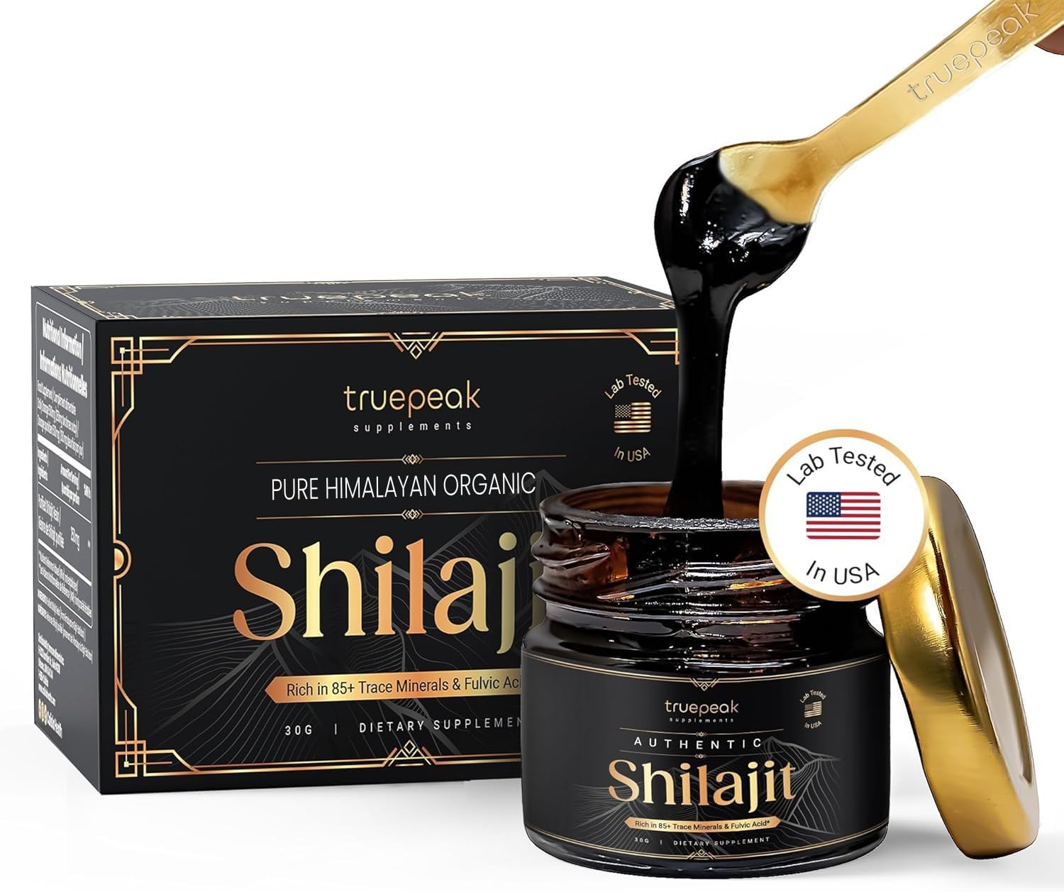 Gold Grade TruePeak Himalayan Shilajit Resin - 500mg Maximum Potency, 85 Trace Minerals, Fulvic & Humic Acid, Energy & Immune Support - 30g