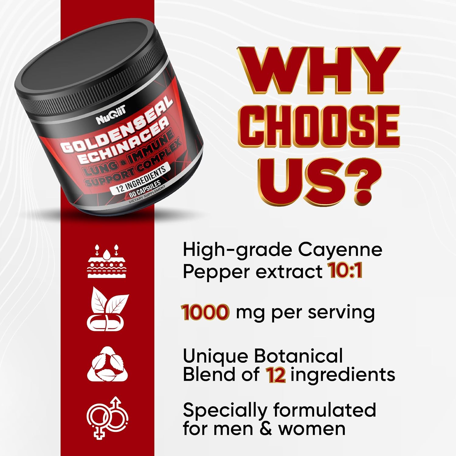 Goldenseal Root Capsules with Echinacea, Ginseng, Elderberry, Garlic - 60 Capsules for Immune Support & Digestive Health