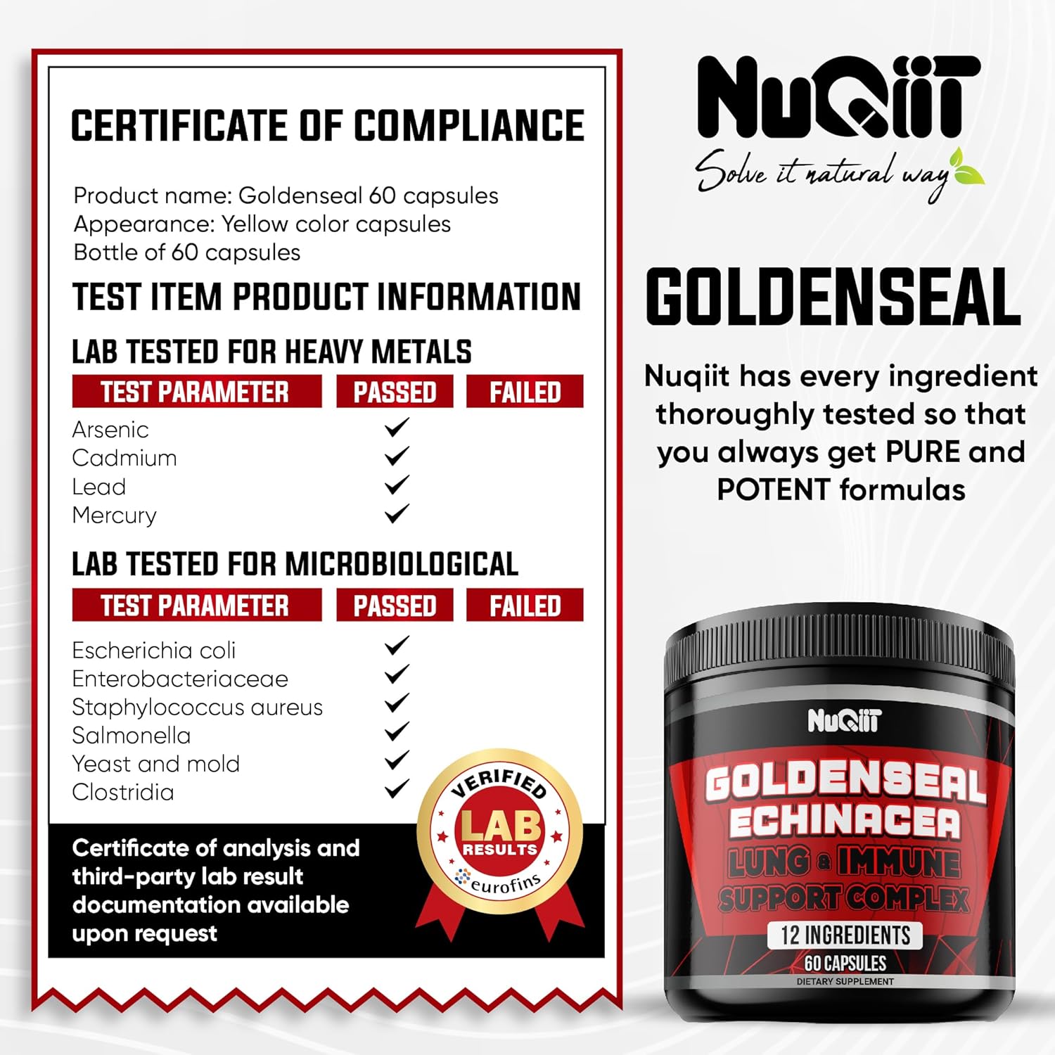 Goldenseal Root Capsules with Echinacea, Ginseng, Elderberry, Garlic - 60 Capsules for Immune Support & Digestive Health