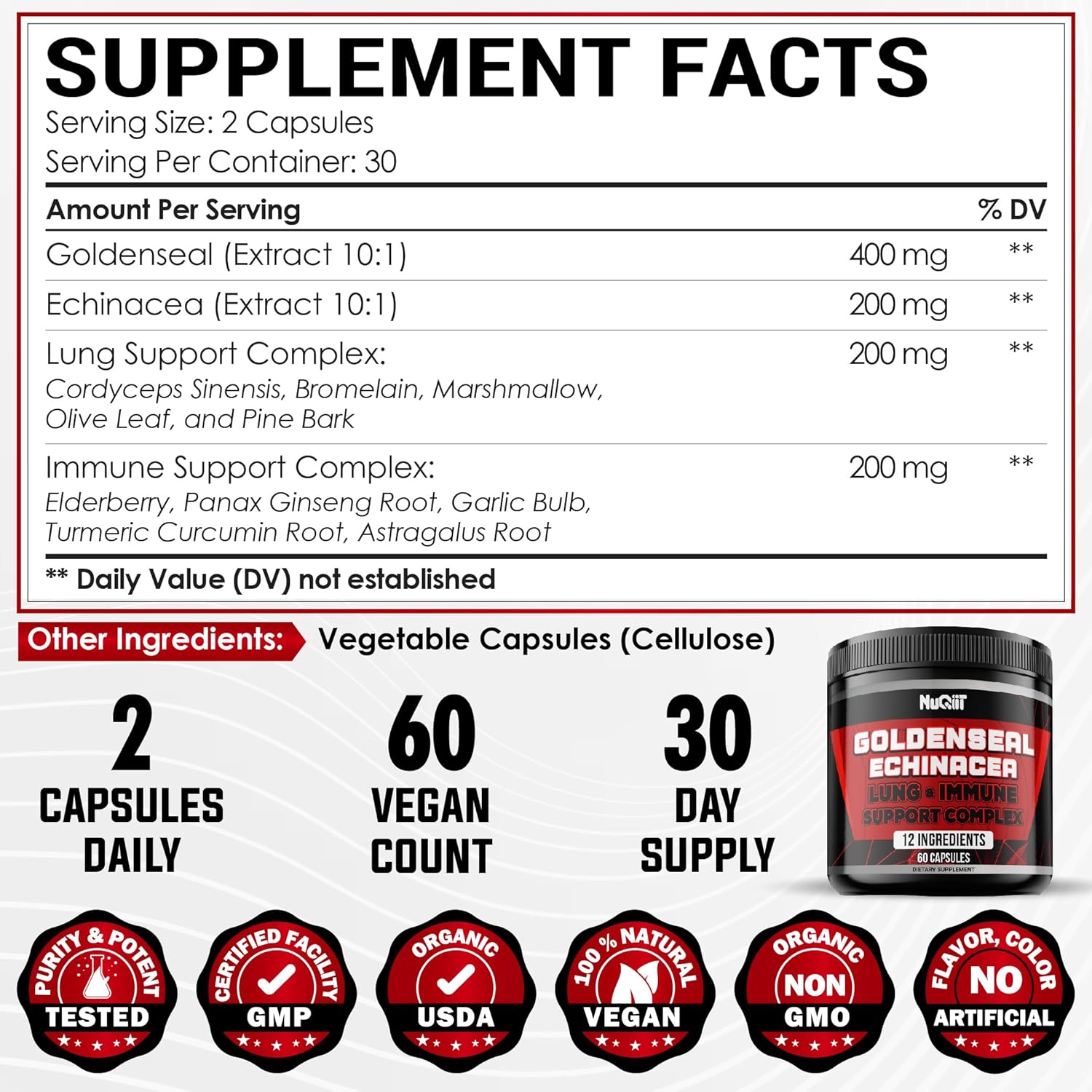 Goldenseal Root Capsules with Echinacea, Ginseng, Elderberry, Garlic - 60 Capsules for Immune Support & Digestive Health