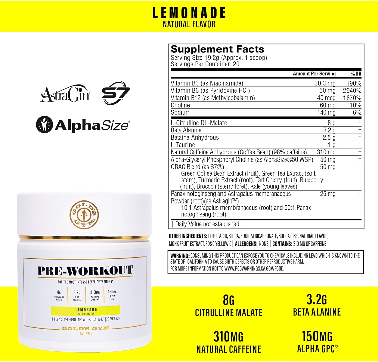 Gold's Gym Nutrition Lemonade Pre-Workout Powder | Vegan, Keto-Friendly with Green Coffee Bean Caffeine - BoostGo Australia