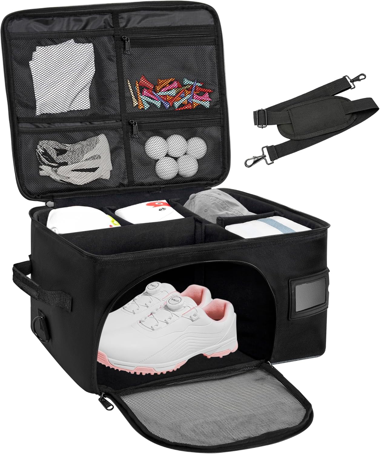 Golf Trunk Organizer with Ventilated Compartment for Shoes and Storage for Balls, Tees, Clothes, Gloves