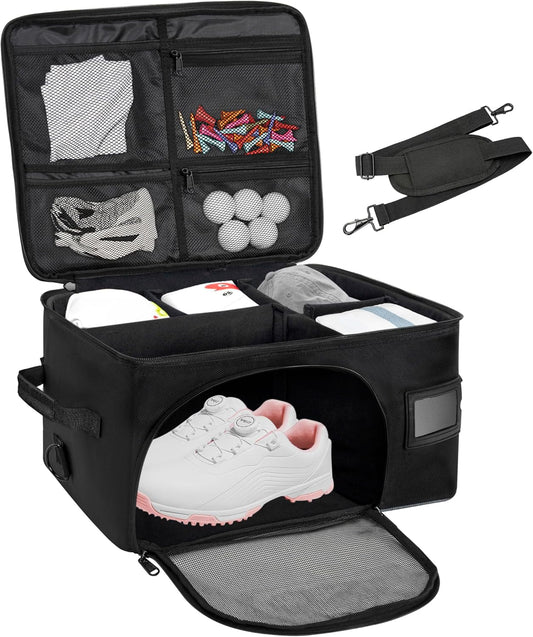Golf Trunk Organizer with Ventilated Compartment for Shoes and Storage for Balls, Tees, Clothes, Gloves