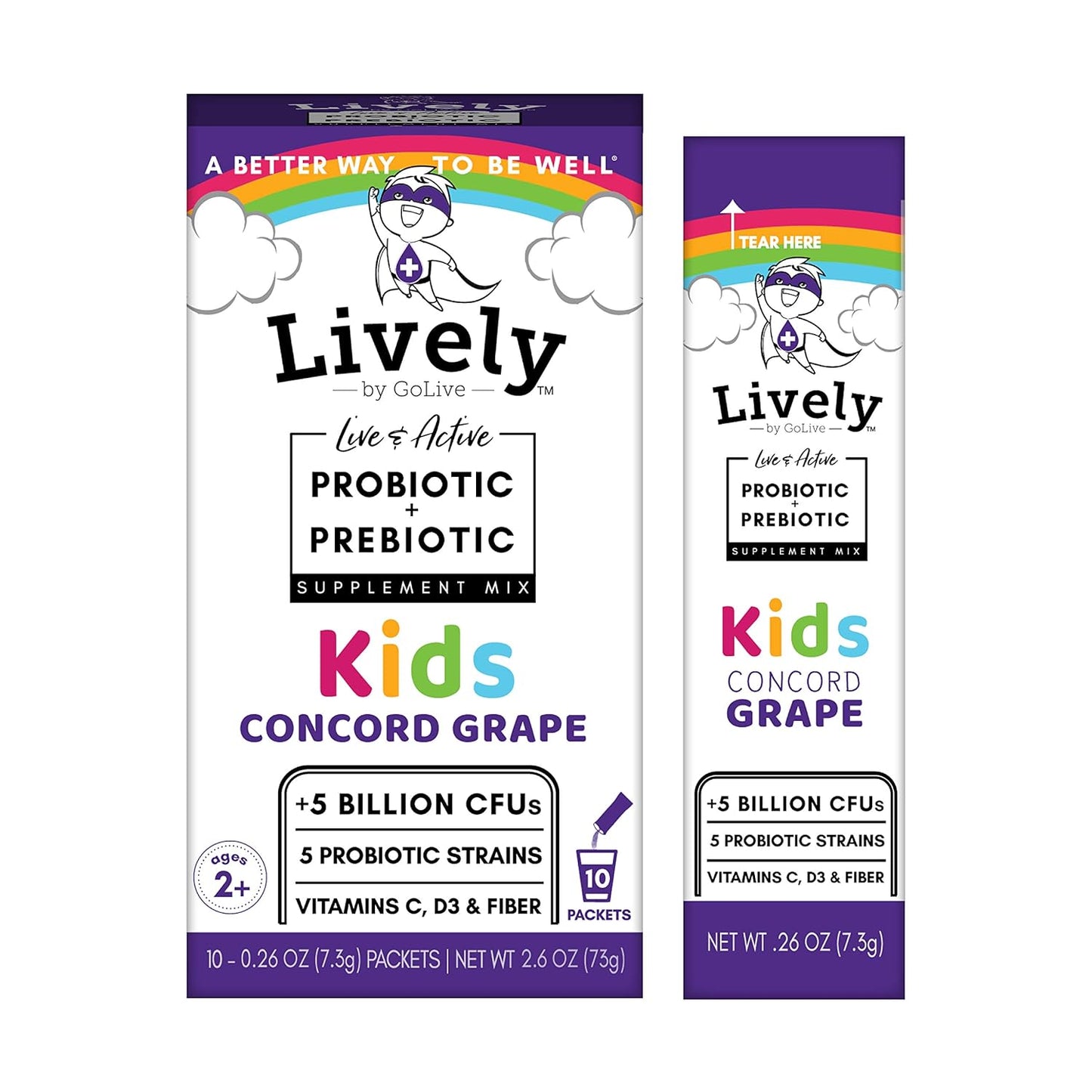 GoLive Lively Kids Concord Grape Synbiotic: 5 Clinical Strains, 5 Billion CFUs - Probiotics & Prebiotics for Digestion, Metabolism, Immunity - 10 Pack
