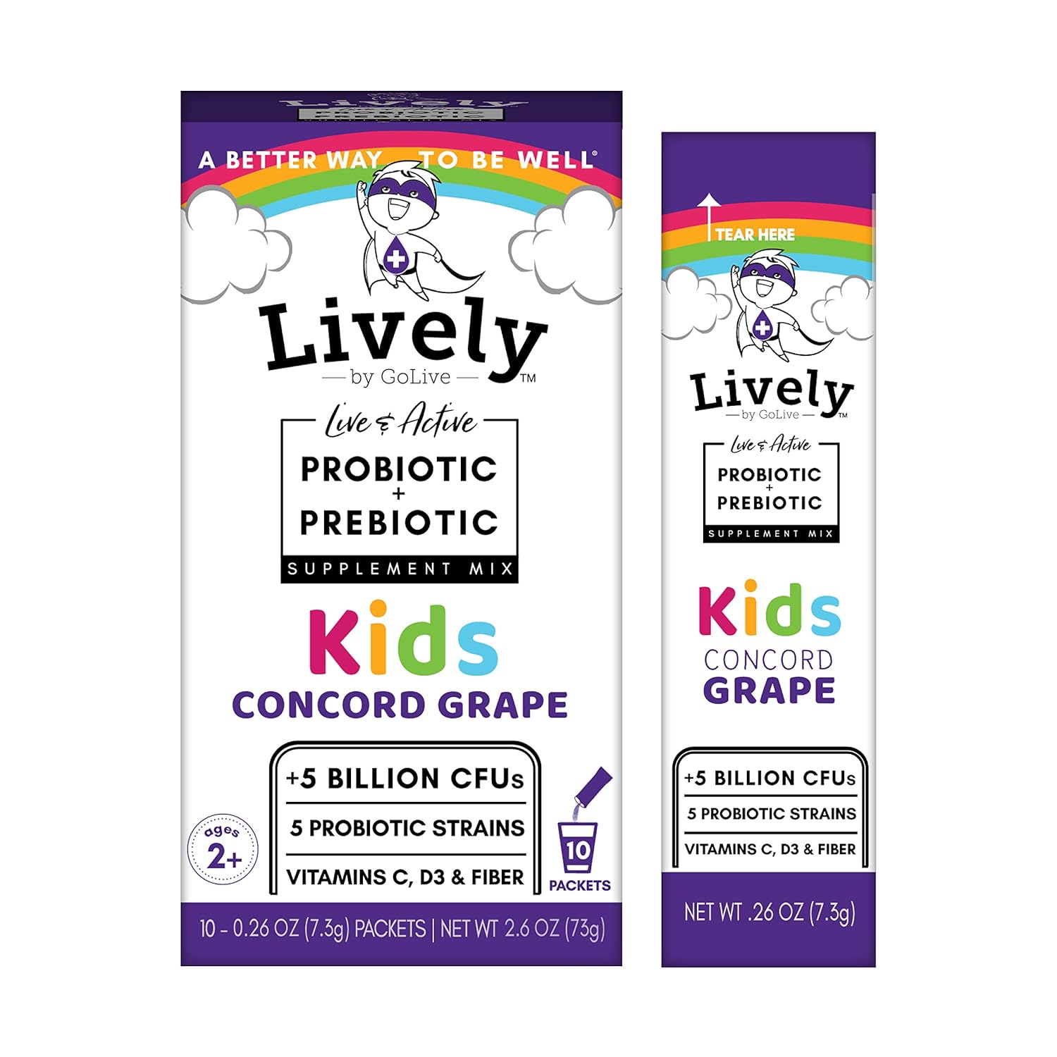GoLive Lively Kids Concord Grape Synbiotic: 5 Clinical Strains, 5 Billion CFUs - Probiotics & Prebiotics for Digestion, Metabolism, Immunity - 10 Pack
