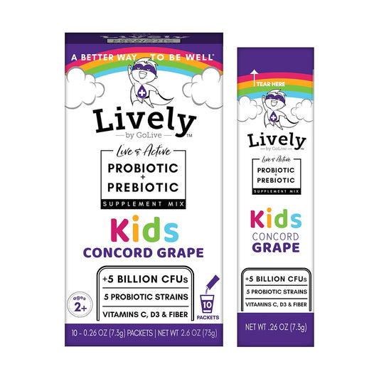 GoLive Lively Kids Concord Grape Synbiotic: 5 Clinical Strains, 5 Billion CFUs - Probiotics & Prebiotics for Digestion, Metabolism, Immunity - 10 Pack