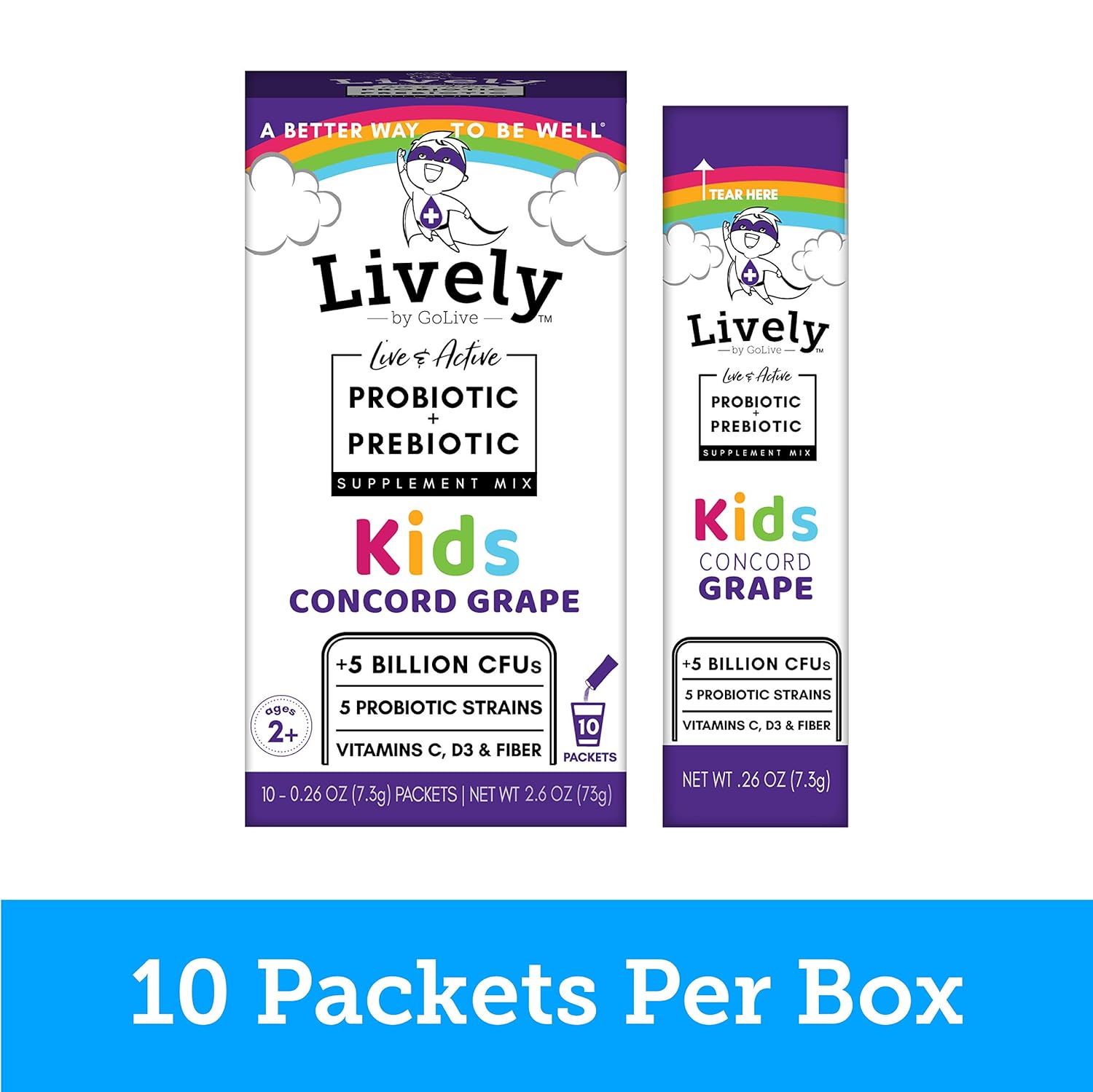 GoLive Lively Kids Concord Grape Synbiotic: 5 Clinical Strains, 5 Billion CFUs - Probiotics & Prebiotics for Digestion, Metabolism, Immunity - 10 Pack